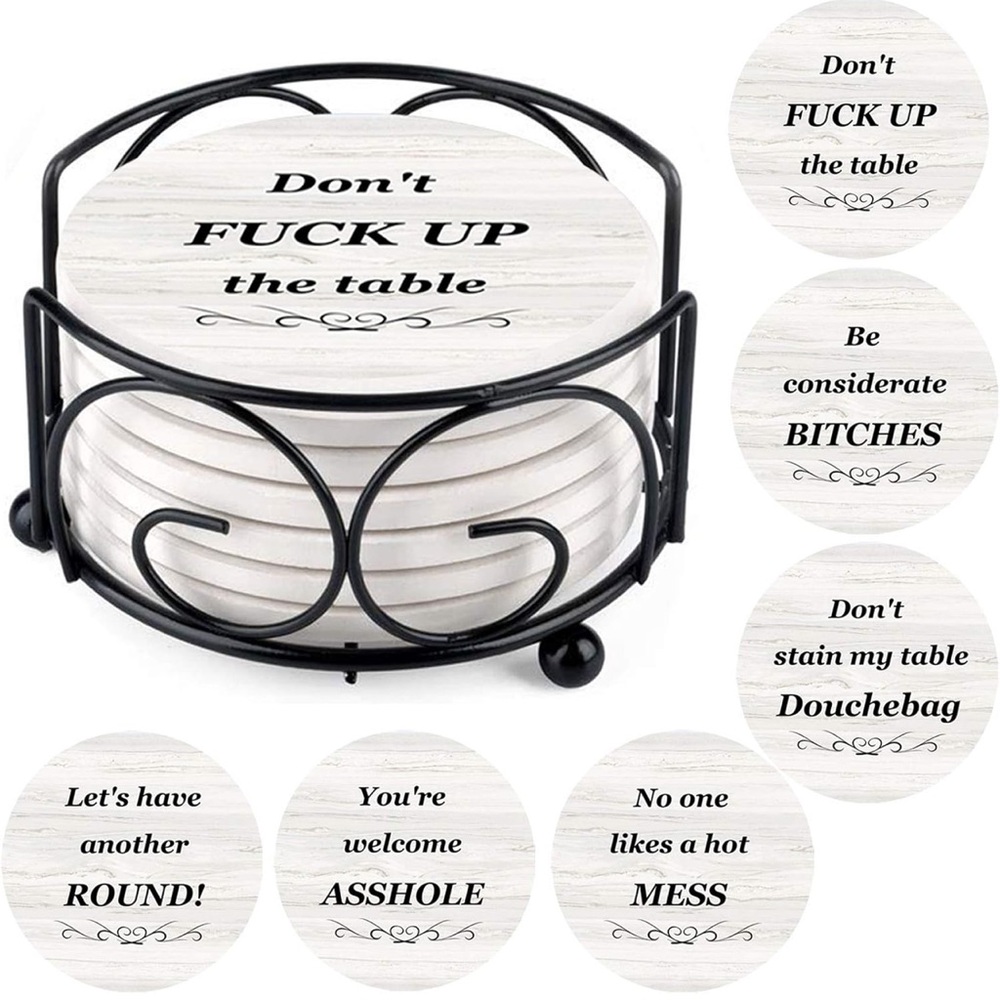 Funny Drink Coasters Absorbent w/ Holder 6 Pcs Absorbing Stone housewarming gift